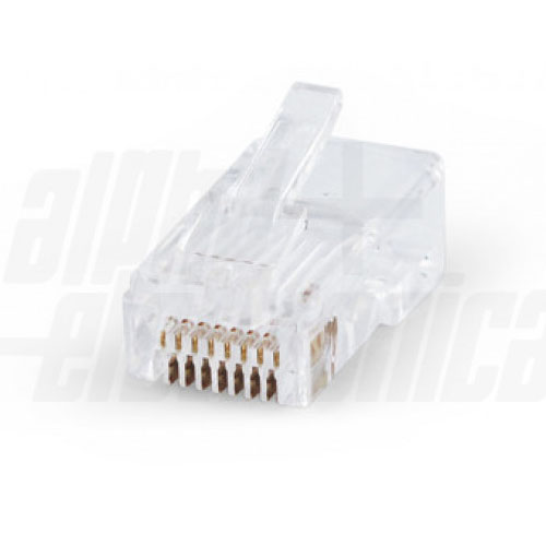 Connettori RJ45 con tecnologia passante. Cat. 5e</br>Grazie a questa tecnologia gli otto cavi interni del cavo LAN passano attraverso</br> i fori del connettore RJ45.</br>Non dobbiamo preoccuparci di pareggiare le lunghezze di cavi.</br>Non è necessario inserire pettini ma dobbiamo solo preoccuparci della </br>disposizione corretta della colorazione EIA568B.</br>Caratteristiche Generali</br>Genere: Spina, Categoria: CAT.5e, Colore: Trasparente, n. poli: 8, </br>Configurazione Poli: 8P8C, Tipo Clip: Standard</br></br>
