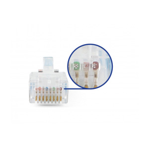 Connettori RJ45 con tecnologia passante. Cat. 6e</br>Grazie a questa tecnologia gli otto cavi interni del cavo LAN passano attraverso</br> i fori del connettore RJ45.</br>Non dobbiamo preoccuparci di pareggiare le lunghezze di cavi.</br>Non è necessario inserire pettini ma dobbiamo solo preoccuparci della </br>disposizione corretta della colorazione EIA568B.</br>Caratteristiche Generali</br>Genere: Spina, Categoria: CAT.5e, Colore: Trasparente, n. poli: 8, </br>Configurazione Poli: 8P8C, Tipo Clip: Standard</br></br>