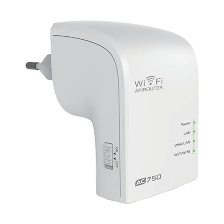 - Extender/AccessPoint WiFi AC750 Velocità fino a 750Mbps Standard WiFi5 Dual </br>band</br>- Doppia funzione: Extender - Access Point</br>- AccessPoint WiFi AC750 con prestazioni di altissimo livello</br>- Standard AC750: WiFi fino a 300 Mbps a 2,4GHz e 450Mbps a 5 GHz</br>- Copertura WiFi omnidirezionale</br>- Design elegante, colore bianco, nessuna antenna esterna</br>- Estende la copertura ripetendo il segnale rilancio WiFi in banda 2.4GHz e 5GHz</br>- 1 Porta LAN per connessioni cablate più 1 porta WAN</br>- Design compatto, installazione diretta in presa elettrica (spina EU)</br>- Configurazione tramite Browser Web o APP dedicata "WavRouter"</br>- Switch laterale per selezione modalità: ACCESS POINT, RIPETITORE</br>