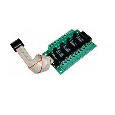 Modulo a 4 relè per gestione delle uscite attive di tutte le apparecchiature </br>Axel, con fissaggio a supporti adesivi.</br>Ingresso a flat cable per una rapida connessione.</br>- Connettore a vaschetta per l'inserimento di un altro modulo, per ottenere 8 </br>uscite a relè.</br>- 4 relè di uscita con scambi a morsettiera da 1A.</br>- Morsetti per collegamento a morsettiera di tutte le 8 uscite attive.</br>- Dimensioni scheda: 70,5 x 40,7 mm.</br>