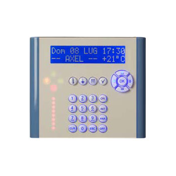 Tastiera a display con retroilluminazione temporizzata, per la totale gestione e</br> programmazione delle centrali della serie JSYS e ATLANTIS.</br>- Display retroilluminato di colore blu a 2 righe con 16 caratteri.</br>- Led di segnalazione delle alimentazioni e delle stato delle zone.</br>- Collegamento seriale RS 485, fino a 600 m di distanza.</br>- Indicazioni automatiche degli stati di anomalia e degli allarmi.</br>- Tasti funzione separati ed attivabili direttamente.</br>- Menù facilitati per la gestione delle funzioni dell'Utente.</br>- Programmazione di tutte le funzioni con menù in italiano.</br>- Dimensioni: 155 x 130 x 25 mm.</br>