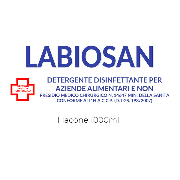 PRESIDIO MEDICO CHIRURGICO N. 14647 MIN. DELLA SANITA'</br>POTERE DISINFETTANTE DI LABIOSAN (secondo metodo AFNOR NF T 72-151)</br>CONCENTRAZIONE: 0,25 0,50 1</br>TIPO DI GERMI: Uccisione in minuti</br>Staphylococcus aureus 5, 5, 5,</br>Pseudomonas aeruginosa 30, 5, 5,</br>Proteus vulgaris 15, 5, 5,</br>Lysteria monocytogenes 10, 5, 5,</br>Escherichia coli 5, 5, 5,</br>Salmonella typhimurium 30, 5, 5,</br>Candida albicans 5, 5, 5,</br>Penicillium expansum 5, 5, 5</br>