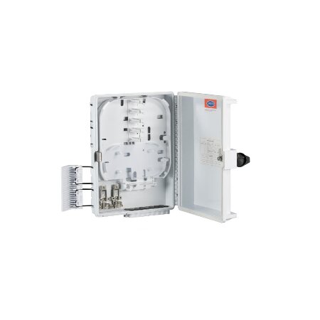 Box di distribuzione ottico da esterno IP65 per 16 adattatori SC Sx/LC Dx</br></br>I box di distribuzione ottici (anche chiamati terminatori di testa) sono dei box</br> da parete IP 65 con speciali chiusura e cerniere laterali. Includono la scheda </br>di giunzione per alloggiare i giunti e organizzare in modo ordinato da 2 a 16 </br>fibre. Ideali per reti LAN ottiche, videosorveglianza, PON, GPON, e nelle </br>soluzioni FTTH vengono utilizzati per convogliare i segnali TV terrestre e TV </br>SAT dalla parte alta dell'edificio verso il CSOE. Possono essere installati sia </br>internamente che esternamente grazie al grado di protezione IP65. Vengono </br>forniti completi di kit di montaggio e coprigiunti termorestringenti.</br></br>- Box ottico a 16 porte</br>- Alloggiamento per 16 adattatori SC simplex/LC duplex</br>- Fibre installabili: massimo 16</br>- Chiusura con chiave</br>- Colore: Bianco</br>- Dimensioni: 395x220x96 mm</br>- Materiale: plastica</br>- Intervallo di temperatura: da -25C a 70C</br>- Installabile a muro o palo</br>- Grado di protezione IP65</br>- Fornito completo di kit di montaggio e coprigiunti termorestringenti</br></br>Applicazioni:</br>Reti di telecomunicazione ottiche</br>LAN</br>Reti CATV</br>Reti FTTH</br>PON, G-PON</br></br>