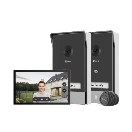 - Videocitofono 2 fili con monitor touch 7"".</br>- Doppio posto esterno per la gestione di due ingressi.</br>- Installabile in autonomia al posto del citofono esistenteVisione notturna e </br>rilevazione intelligente del movimento umano.</br>- Apre 2 serrature e 2 porte automatiche.</br>- Apertura da monitor, app EZVIZ o smart tag (3 in dotazione).</br>- Registrazione su MicroSD (max 512GB).</br>- Il monitor visualizza e gestisce anche telecamere e sistema EZVIZ.</br>
