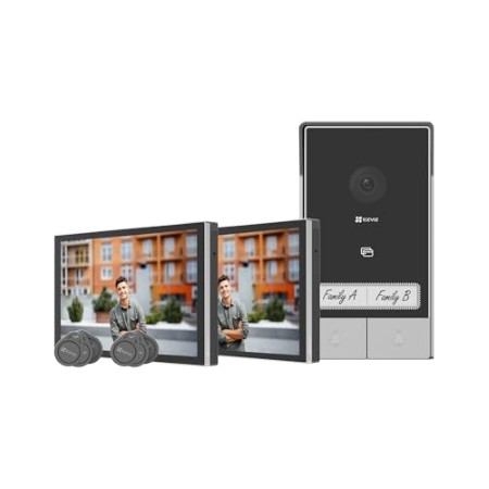 - Videocitofono Bifamiliare 2 fili con monitor touch 7"".</br>- Due pulsanti e due monitor indipendenti.</br>- Installabile in autonomia al posto del citofono esistente.</br>- Visione notturna e rilevazione intelligente del movimento umano.</br>- Apre 1 serratura e 1 porta automatica.</br>- Apertura da monitor, app EZVIZ o smart tag (6 in dotazione).</br>- Registrazione su MicroSD (max 512GB).</br>- Il monitor visualizza e gestisce anche telecamere e sistema EZVIZ.</br>