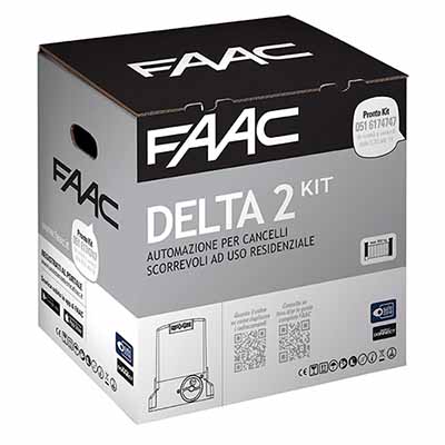 <strong>La confezione DELTA2 kit 230V comprende:</strong></br>1x Motoriduttore 740 E Z16 con apparecchiatura elettronica ed encoder </br>incorporati, piastra di fondazione - Cod.1097805</br>1x Lampeggiatore FAACLED 230V - Cod.410023</br>1x Coppia di fotocellule XP20 D - Cod.785102</br>1x Pulsante a chiave e di comando XK10 - Cod.401302</br>1x Serratura con chiave personalizzata - Cod.71275101</br>1x Ricevente ad innesto 1 canale RP 433 SLH - Cod.787824</br>1x Trasmittente 2 canali XT2 433 SLH LR - Cod.787007</br>1x Cartello "Automatico FAAC"</br>