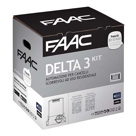 <strong>La confezione DELTA3 kit 230V comprende:</strong></br>1x Motoriduttore 741 E Z16 con apparecchiatura elettronica ed encoder </br>incorporati,</br>1x Piastra di fondazione - Cod.1097815</br>1x Lampeggiatore FAACLED 230V - Cod.410023</br>1x Coppia di fotocellule XP 20 D - Cod.785102</br>1x Pulsante a chiave e di comando XK10 - Cod.401302</br>1x Serratura con chiave personalizzata - Cod.71275101</br>1x Ricevente ad innesto 1 canale RP 433 SLH - Cod.787824</br>1x Trasmittente 2 canali XT2 433 SLH LR - Cod.787007</br>1x Cartello "Automatico FAAC"</br>