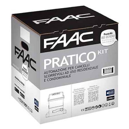<strong>La confezione PRATICO kit 230V comprende:</strong></br></br>1x Motoriduttore 746 E R Z16 con apparecchiatura elettronica ed encoder </br>incorporati  - Cod.109745</br>1x Piastra di fondazione con regolazioni laterali ed in altezza (confez. da 6 </br>pz.) - Cod.737816</br>1x Lampeggiatore XLED - Cod.410029</br>1x Coppia di fotocellule XP20B D - Cod.785103</br>1x Pulsante a chiave e di comando XK10B - Cod.401304</br>1x Serratura con chiave personalizzata - Cod.71275101</br>1x Ricevente XF 433 MHZ - Cod.787831</br>1x Trasmittente 2 canali XT2 433 SLH LR - Cod.787007</br>1x Cartello "Automatico FAAC"</br>