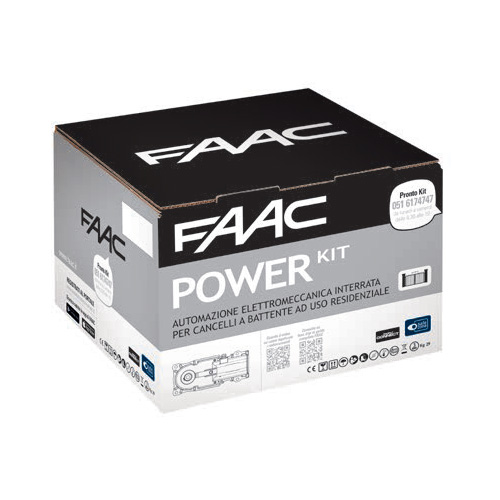 <strong>La confezione POWER kit 230V comprende:</strong></br></br>2x Attuatori 770N 230V - Cod.10675201</br>1x Scheda elettronica E045 - Cod.790005</br>1x Contenitore mod. E per schede elettroniche - Cod.720119</br>1x Ricevente XF 433 MHz - Cod.319006</br>1x Trasmittente 2 canali XT2 433 SLH LR - Cod.787007</br>1x Lampeggiatore FAACLED 230V Cod.410023</br>1x Coppia di fotocellule XP 20B D - Cod.785103</br>1x Pulsante a chiave e di comando XK10 B - Cod.401304</br>1x Serratura con chiave personalizzata - Cod.71275101</br>1x Cartello "Automatico FAAC"</br>