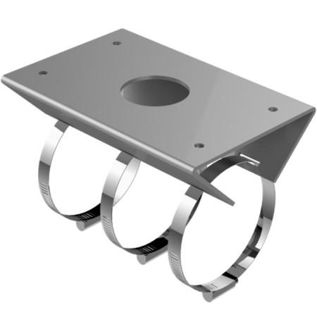Supporto in acciaio bianco (supporto di montaggio) e acciaio inossidabile </br>(fascetta). Diametro collari: Ø67-127 mm. Abbinare con montaggio a parete.</br></br>