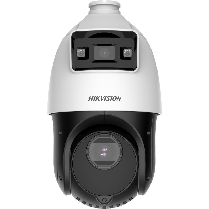 SPEED DOME TANDEMVU 4MP4MP 25X COLORVU & DARKFIGHTER ACUSENSE</br>Telecamera Speed Dome ColorVu DarkFighter 4" 25x 44MP (2560x1440) 25/30 Fps, </br>Sensore panoramica 1/2.8" Progressive Scan CMOS, Sensore PTZ 1/2.8" Progressive </br>Scan CMOS Sensibilità panoramica colore: 0.0005 Lux  (F1.0, AGC ON), 0 Lux con </br>illuminatore, sensibilità PTZ colore: 0.005 Lux  (F1.6, AGC ON), B/W: 0.001 Lux</br>  (F1.6, AGC ON), 0 Lux con IR, Day&Night ICR, panoramica Ottica fissa: 2.8mm </br>Angolo Visuale orizzontale: 96.1&deg;, Verticale: 52.1&deg;, Ottica PTZ: 5125mm Zoom </br>Ottico 25x, Digitale 16x. Compressione video H.265/H.265/H.264/H.264, MJPEG. </br>Velocità Pan: 0.180 &deg;/s Preset: 80 &deg;/s, Velocità Tilt: 0.180 &deg;/s Preset: 80 </br>&deg;/s, Preset/Patrol/Pattern 300/8/4. API: ONVIF (Profile S, Profile G, Profile </br>T), ISAPI, SDK, ISUP. Basic Event: Motion detection,video tampering </br>alarm,exception (network disconnected, IP address conflict, illegal login, HDD </br>full, HDD error),alarm input and output,audio exception detection. Funzioni </br>Smart: audio exception detection,region exiting detection,region entrance </br>detection,intrusion detection,Line crossing detection. Face Capture. Regional </br>People Counting, ROI 8 regioni. Stream 3. Portata illuminatore IR 100 m, Portata</br> luce bianca 30 m. Smart Linkage, manual tracking, linked tracking capture, </br>tracking in turn. Slot SD Card microSD/SDHC/SDXC fino a 512GB (non fornita), </br>True WDR. Doppio microfono incorporato portata 8m, speaker incorporato max. 20m.</br> Ingressi/Uscite: Allarmi 1/1, Audio 1/1. Alimentazione 12 VDC, 3.33 A, oppure </br>PoE: IEEE 802.3at, 42.5 to 57.2 V, 0.6 A. Temperatura di esercizio -30 &deg;C  65 </br>&deg;C. Grado di protezione IP67.</br></br>
