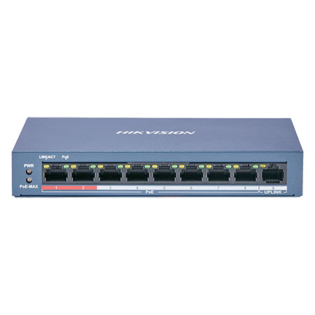 Switch 8 porte PoE 10/100M, porta Uplink da 100M, controllo di flusso </br>IEEE802.3af/at, 250 m, 240VAC 58W.</br>Unmanaged.</br>
