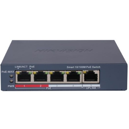 L2, Smart Managed, 4 10/100M RJ45 PoE ports, 1 10/100M RJ45 port, 802.3af/at, </br>PoE budget  60W, Max. 300 meter PoE transmission, supports Hik-Central/iVMS </br>4200/Hik-PartnerPro Unified Topology Management, cloud management, health </br>monitor.</br>