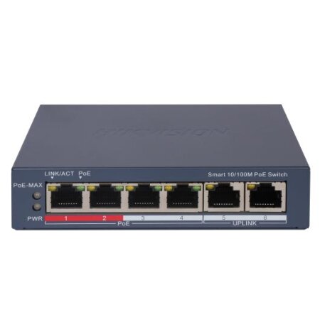 L2, Smart Managed, 4 10/100M RJ45 PoE ports, 2 10/100M RJ45 port, 802.3af/at, </br>PoE budget  60W, Max. 300 meter PoE transmission, supports Hik-Central/iVMS </br>4200/Hik-Partner Pro Unified Topology Management, cloud management, health </br>monitor.</br></br>