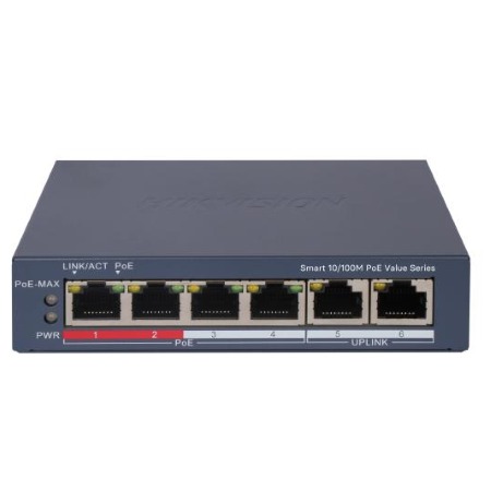 L2, Smart Managed, 4 10/100M RJ45 PoE ports, 2 10/100M RJ45 port, 802.3af/at, </br>PoE budget  45W, Max. 300 meter PoE transmission, supports Hik-Central/iVMS </br>4200/Hik-Partner Pro Unified Topology Management, cloud management, desktop.</br></br>