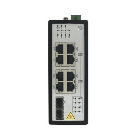 <strong>SWITCH INDUSTRIALE PoE 8 PORTE GIGABIT  2 SFP UNMANAGED</STRONG></br></br>- Porta gigabit completa</br>- La larghezza di banda del backplane è 20 Gbps.</br>- Supporta alimentazione PoE e standard IEEE 802.3AF/AT.</br>- La potenza di uscita massima di ogni porta PoE è 30 W.</br>- Gestione PoE: rilevamento dispositivo PoE e gestione alimentazione PoE</br>- Adotta un design ridondante con doppio ingresso di alimentazione</br>- Alloggiamento in lega di alluminio pressofuso.</br>- Nessuna ventola, temperatura ambiente di esercizio da -40 °C a 75 °C.MTBF  </br>400.000 ore.</br>