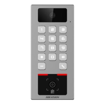 Terminale M Card/D Card QR Code da esterno con tastiera e autenticazione </br>Bluetooth con telecamera integrata risoluzione 2MP, Capacità di memorizzazione </br>Tessere: 100.000, Eventi: 300.000, Interfacce di Comunicazione TCP/IP, Wi-Fi, </br>RS-485, Wiegand W26 e 34, controllo remoto mediante Hik-Connect mobile app, </br>Interfaccia WEB, Programmazione diretta in modalità Access Point, Interfacce </br>Lock control x1,  Exit button x1, Door contact input x1, Alarm Input x1, Alarm </br>output x1, Tamper Alarm x1, Audio bidirezionale tramite protocollo SIP 2.0, </br>Alimentazione 12 Vcc. Temperatura di esercizio -40°C / 70°C, Umidità di </br>esercizio 10/90, Grado di protezione IP65, IK09. Dimensioni 81.0x177.0x25.mm</br></br></br>