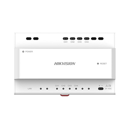 Distributore Due Fili IP, 5 posti interni  1 posto esterno  collegamento </br>IN/OUT cascata DS-KAD706Y-P, 8 led segnalazione stato porte, una porta RJ45. </br>Alimentazione 24 Vcc, montaggio su guida DIN. Temperatura di funzionamento -10 </br>°C / 50 °C.</br></br>