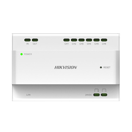 Concentratore 8 porte, 6 per connessione a stella verso DS-KAD706Y-P e 2 porte </br>per connessione cascata verso DS-KAD706Y-S, scheda Ethernet 10/100 Mbps, 8 led </br>indicatori di stato porte. Alimentazione 24 Vcc (alimentatore non incluso). </br>Temperatura di funzionamento -10 °C / 50 °C.</br></br>