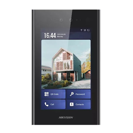 Terminale Posto Esterno Intercom Touch screen IPS 8" retroilluminato doppia </br>telecamera 2 MP illuminatore infrarosso Risoluzione schermo 1280x800.</br>Funzione rubrica e selezione numero interno da chiamare e pagina screen saver </br>per messaggi e immagini oppure vista live.</br>Funzione Face recognition: Deep learning e Anti-spoofing, possibilità doppia </br>autenticazione.</br>Funzione Lettore Mifare integrato sotto lo schermo 13.56 MHz.</br>Funzione apriporta tramite QR-CODE solo tramite programmazione Hik-Central. </br>Multi linguaggio 20 lingue.</br>Capacità di memorizzazione Tessere:100000, Volti:10000, Utenti:20000, Posti </br>interni:500. 1 uscita relè e 1 uscita modulo remoto DS-K2M060 RS-485.</br>Telaio in alluminio anodizzato a basso profilo per montaggio incasso e parete, </br>opzionale modulo tastiera a pulsanti fisici e lettore impronte (due modelli </br>diversi).</br>Dimensioni 244x145x26 mm Alimentazione 12 Vcc, 2 A Consumo<18 W</br>Grado di protezione IP65& IK07</br></br>
