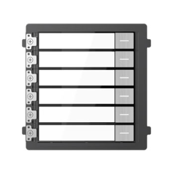 Modulo pulsanti, 6x pulsanti chiamata, 8x DIP switch. Alimentazione fornita da </br>DS-KD8003-IME1. Temperatura di funzionamento -40°C / 60°C, grado di protezione </br>IP65. Montaggio a incasso o parete.</br>