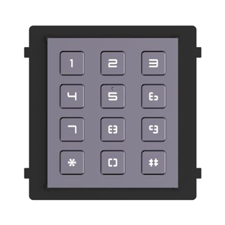 Modulo tastiera con tecnologia Backlight, 12x pulsanti, fisici, 8x DIP switch. </br>Alimentazione fornita da DS-KD8003-IME1. Temperatura di funzionamento -40°C / </br>60°C, grado di protezione IP65 e IK07. Montaggio a incasso o parete. Supporta </br>l'apertura della porta attraverso l'inserimento della password e la chiamata </br>alla postazione interna inserendo il numero dell'appartamento.</br>