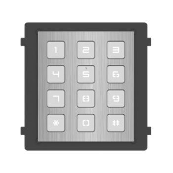 Modulo tastiera con tecnologia Backlight, 12x pulsanti, fisici, 8x DIP switch. </br>Alimentazione fornita da DS-KD8003-IME1. Temperatura di funzionamento -40°C / </br>60°C, grado di protezione IP65 e IK07. Montaggio a incasso o parete. Supporta </br>l'apertura della porta attraverso l'inserimento della password e la chiamata </br>alla postazione interna inserendo il numero dell'appartamento.</br>
