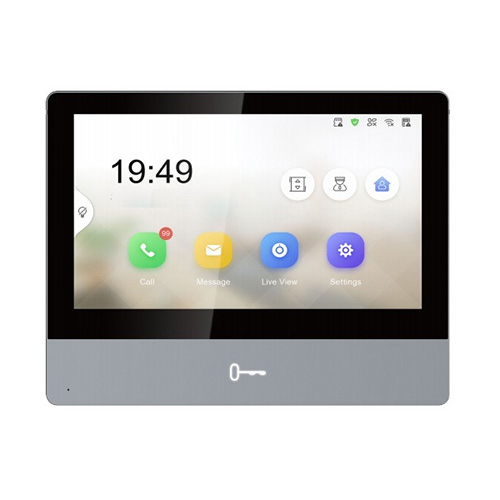 Display 7" con interfaccia User friendly v2.0, pannello in metallo, vetro </br>temperato, design Ultra-slim 8.6mm, 1 pulsante fisico per apertura porta, touch </br>screen capacitivo, tecnologia IPS LCD, risoluzione 1024 x 600. Microfono </br>omnidirezionale e Speaker integrati, soppressione del rumore e cancellazione </br>dell'eco. Scheda Ethernet 10/100 Mbps, Wi-Fi, protocollo di rete TCP/IP, SIP, </br>RTSP, 8x input d'allarme, 2x uscite relè, Scheda TF 32GB max, 1x RS-485. </br>Alimentazione 12VDC, PoE (802.3 af). Temperatura di funzionamento -10°C / 55°C.</br> Montaggio a parete.</br>