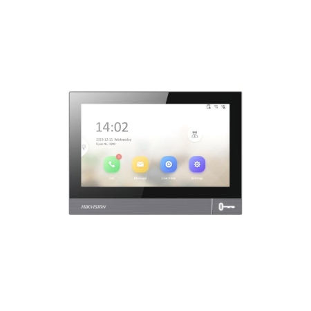 Postazione da interno IP 7", Profilo in metallo, Vetro temperato, 1 pulsante </br>fisico per apertura porta, Display Tecnologia IPS LCD, Touch screen capacitivo. </br>Funzioni: maschera voce, risposta a mani libere, studio professinale, lasciare </br>un messaggio, log eventi. Risoluzione 1024x 600, Microfono omnidirezionale e </br>Speaker integrati, Interfacce di Comunicazione 1 Ethernet 10/100 Mbps, 1 RS-485,</br> Protocolli di Comunicazione Wi-Fi, TCP/IP, SIP, RTSP, 8 Input d'allarme, 4 </br>Uscite relè, 1 microSD/SDHC/SDXC 32GB (non fornita), Alimentazione 12 Vcc, PoE </br>(802.3 af) 7W max., Temperatura d'Esercizio -10 °C  55 °C, Dimensioni </br>180x140x22.4 mm, Supporto a parete incluso. Accessori opzionali: Scatola di </br>incasso art. DS-KABH8380-G. Base tavolo art. DS-KABH8380-T.</br>