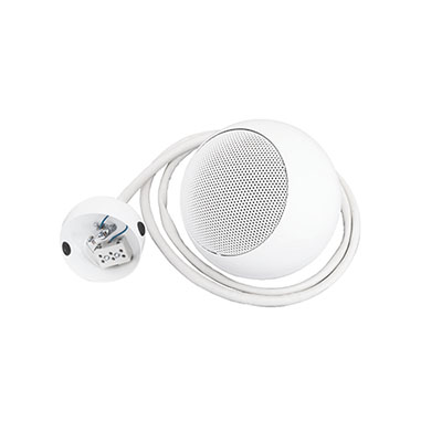 Diffusore a sfera pendente da soffitto per sistemi di evecuazione vocale, </br>certificazione EN54 pt24.</br>Potenza nominale 20W100V. SPL 85(dB).</br>Per uso interno (Tipo A) IP32.</br>Potenza regolabile (20/15/105W).</br>Completo di cavo da 5m con scatola di montaggio  con morsetti ceramici e </br>fusibile termico.</br>Corpo in metallo. Dimensioni ø180mm.</br>Colore bianco RAL9010.</br></br>