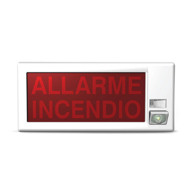 Targa ottico-acustica.  Completa di modulo indirizzamento con isolatore. 240 </br>indirizzi. 92dB(A)1m. Completa di serigrafia "ALLARME INCENDIO".   Su richiesta</br> altre serigrafie. CPR EN54pt3 EN54pt23 W4,6-9,1</br>