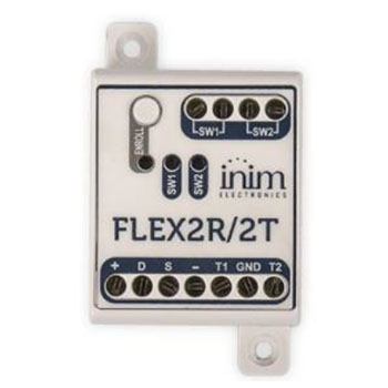 - Flex2R/2T è un modulo su bus con 2 relè 230Vac/5A con due terminali per la </br>gestione nativa di tapparelle, veneziane e punti luce.</br>- Funziona anche off-line, una volta programmato per la gestione di avvolgibili </br>e/o punti luce, in caso di perdita della comunicazione BUS, essa continua ad </br>operare seguendo la programmazione impostata.</br>- Estremamente flessibile, può essere utilizzato anche come modulo 2 uscite relè</br>  2 terminali di I/O liberamente programmabili</br>- Possibilità di indirizzamento per mezzo di QR code e pulsante di ENROLL.</br>