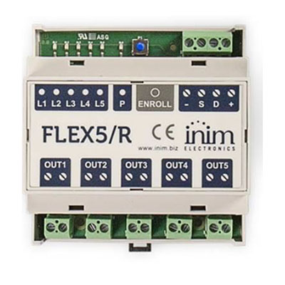 Modulo su bus a 5 relè da 16A alloggiato in contenitore per guida DIN da 5 </br>moduli.</br>- Possibilità di indirizzamento per mezzo di QR code e pulsante.</br>- 5 led di segnalazione stato uscite, su SmartLiving pulsante e led permettono </br>l'impostazione indirizzo</br>- Dispositivo compatibile su centrali SmartLiving e Prime di tutte le versioni: </br>viene riconosciuto come Flex5</br></br>