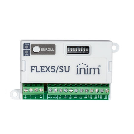 Il modulo di espansione Flex5/S consente di ampliare il numero di zone o di </br>uscite delle centrali antintrusione attraverso cinque terminali programmabili </br>singolarmente.</br>Grazie alla tecnologia FlexIO è possibile configurare i terminali come ingressi </br>o come uscite: nel caso di impostazione come ingressi possono gestire fino a </br>cinque contatti tapparella o rivelatori di vibrazione, se programmati come </br>uscite, permettono di assorbire fino a 250mA.</br>La sezione di gestione della linea BUS assicura la stabilità di collegamento </br>anche nel caso di impianti antifurto più complessi. I dispositivi Flex5/S sono </br>compatibili con le centrali antintrusione della serie Prime e SmartLiving.</br>Nella versione Flex5/SP sono protetti da tentativi di sabotaggio di apertura e </br>strappo.</br>