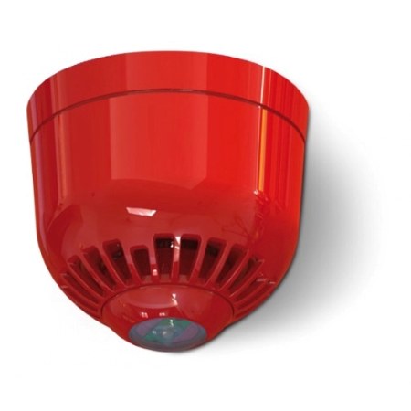 Segnalatore ottico/acustico ad alta potenza convenzionale LED BIANCO. </br>Contenitore termoplastico rosso. IP66. 64 toni selezionabili. 110dB(A)1m </br>(dipendente dal tono selezionato). EN54pt3/p23  W-3.1-11.3.</br></br>