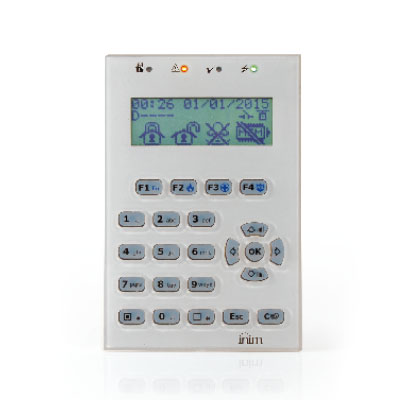 Tastiera con display grafico e retroilluminazione programmabile. Interfaccia </br>utente ad icone. 1 terminali programmabili. Buzzer e LED di segnalazione. Colore</br> Bianco. Certificazione EN50131-3 IMQ.</br>