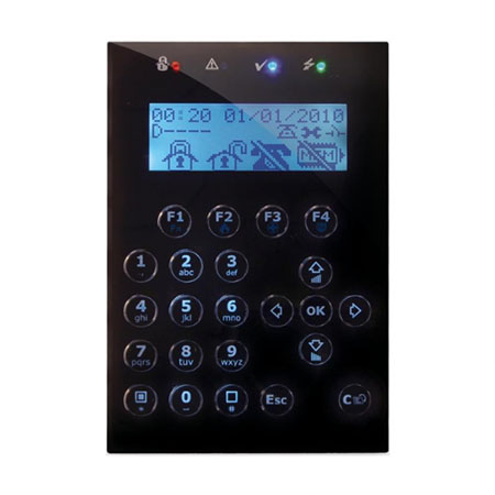Tastiera con display grafico e retroilluminazione programmabile. Interfaccia </br>utente ad icone. 1 terminali programmabili. Buzzer e LED di segnalazione. Colore</br> Nero. Certificazione EN50131-3 IMQ.</br>