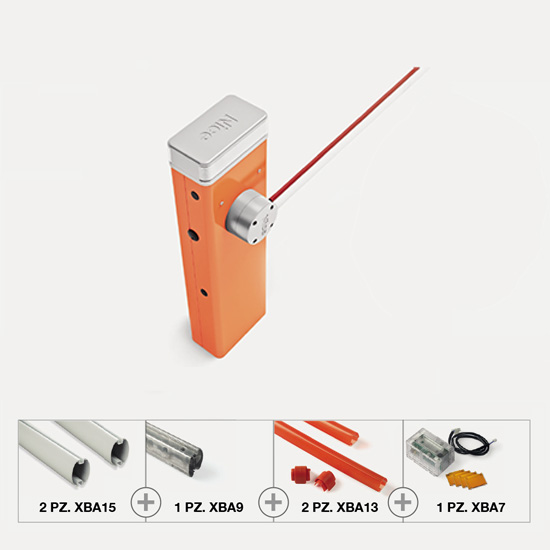 <strong>Il Kit include:</strong></br>- 1 pz M7BAR Alzabarriera elettromeccanico motoriduttore 24Vdc, irreversibile </br>230 Vac, con base ancoraggio per aste da 6, 7mt</br>- 1 pz XBA15</br>- 1 pz XBA9</br>- 2 pz XBA13</br>- 1 pz XBA7</br>- 1 pz XBA14</br>