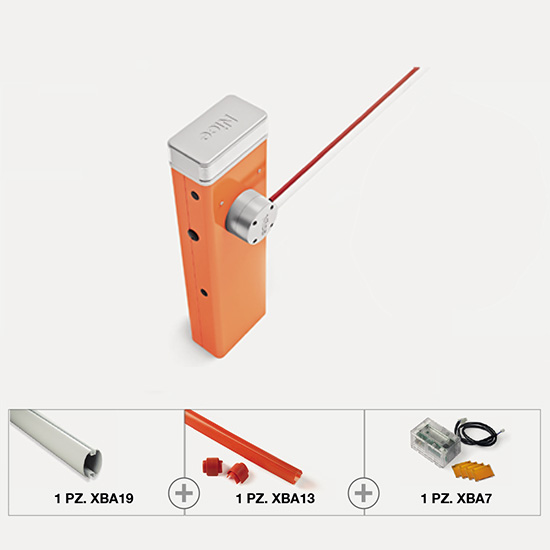 Il Kit include:</br>- 1 pz S4BAR Alzabarriera elettromeccanico motoriduttore 24Vdc, irreversibile </br>230 Vac, con base ancoraggio per aste da 4mt</br>- 1 pz XBA19</br>- 1 pz XBA13</br>- 1 pz XBA7</br>