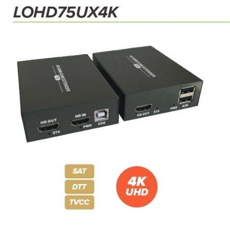 EXTENDER 4K / 1080P KVM  USB  IR su UTP singolo cavo portata 60mt con </br>trasmissione IR Telecomando. HDMI IN & OUT.TX 1porta USB - RX 2porte USB. </br>Distanza 4K max 50mt /1080P max 70mt. POC alimentatore e cavi IR e USB inclusi.</br></br></br>