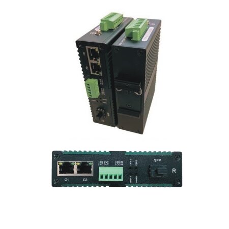 Kit LAN Mediaconverter Industriale barra DIN 2 canali gigabit ethernet, 1 </br>contatto bidirezionale  2 contatti opposti 1xTX>RX / 1xRX>TX 1 SFP slot</br></br></br></br></br></br></br></br></br></br></br>