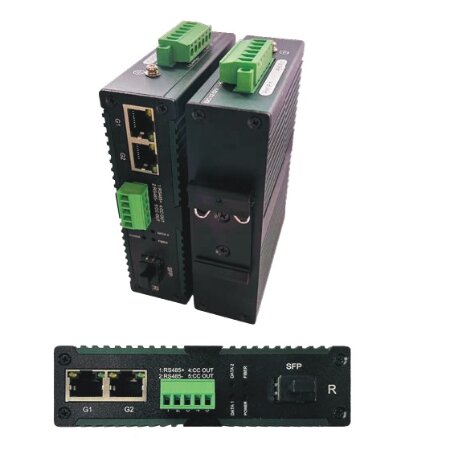 Kit LAN Mediaconverter Industriale barra DIN 2 canali gigabit ethernet, 1 canale</br> bidirezionale RS485, 1 contatto monodirezionale SFP slot</br></br></br></br></br></br></br></br></br></br></br>