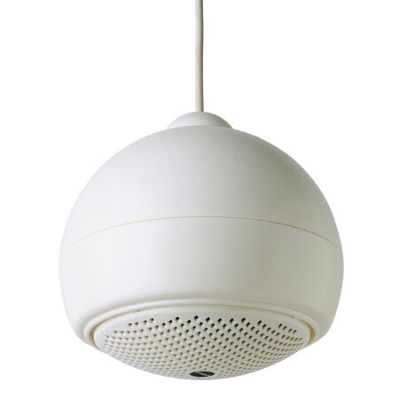 <strong>Diffusore sospeso da 15 W</strong></br></br>Diffusore a sfera, pendente, di elevata qualità, realizzato in ABS di colore </br>bianco. Dotato di trasformatore di linea per il collegamento a linee a tensione </br>costante, è completo di dispositivo per fissaggio a soffitto e di cavo con un </br>estensione massima di 4 m che ne permette l'installazione all'altezza più idonea</br> per una corretta sonorizzazione.</br></br>