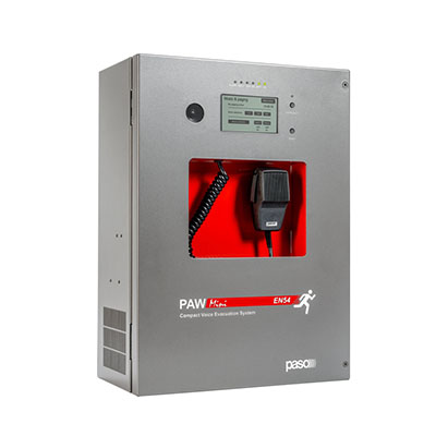 Sistema integrato di evacuazione vocale da parete - 250 W, 1 zona (AB)</br>La serie PAW2000-VES della nuova gamma PAW Mini, composta da nuovi sistemi di </br>evacuazione vocale integrati light" per impianti d'emergenza, è stata </br>appositamente studiata per il montaggio a parete ed è dotata di un'unità di </br>controllo certificato conforme a norme EN 54-16:2008 ed EN 54-4.</br>Il modello PAW2251-V è in grado di gestire 1 zona d'allarme - con una potenza </br>complessiva di 250 W - postazioni microfoniche a distanza ed ingressi </br>controllati da connettere ad una centrale antincendio.</br>