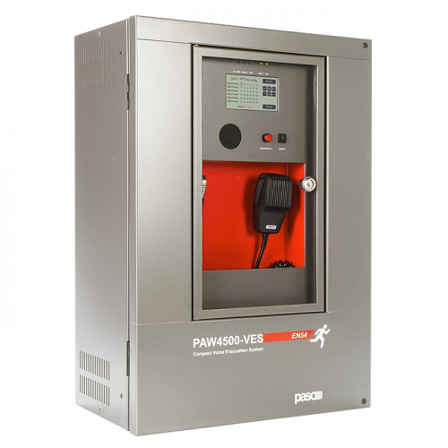 Sistema di evacuazione vocale integrato serie PAW4500-VES per impianti di </br>emergenza fino a 500W totali, per montaggio a parete, certificato conforme a </br>norma EN54-16:2008 (nr. 0068-CPR-038/2016).</br>- Completo di microfono d'emergenza supervisionato, 4 amplificatori di potenza </br>da 250W RMS in classe D con doppia linea A e B di uscita per collegamento a </br>diffusori a tensione costante 100 V.</br>- Configurabile a 4 zone senza riserva, oppure 3 zone con un amplificatore di </br>riserva</br>- Generatore di messaggi digitali di alta qualità, per evacuazione e allerta con</br> riproduzione contemporanea a doppio canale</br>- 4.3" touch screen display</br>- N. 7 input logici optoisolati e controllati per interfacciamento con </br>periferiche esterne per attivazione emergenze</br>- N. 3 relè di uscita per segnalazione stato sistema</br>- N. 2 connettori RJ45 LINK per collegamento in cascata con ulteriori unità per </br>totali fino a 6 sistemi PAW4500-VES</br>- N. 2 connettori RJ45 per collegamento consolle di emergenza e consolle annunci</br> standard preamplificate</br>- Aux input linea bilanciato per la riproduzione della musica di sottofondo</br>- Caricabatterie interno certificato EN 54-4 per alimentazione secondaria 24 Vcc</br> (batterie escluse).</br>- Montaggio a parete.</br>- Dimensioni (LxHxP) 430 x 620 x 240 mm.</br>- Peso netto (senza batterie) 19,8 Kg.</br>