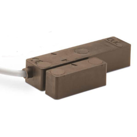 Sensore inerziale CLIC serie V a vista con contatto magnetico integrato, </br>resinatura completa, cavetto 2m. Disponibile marrone.</br>