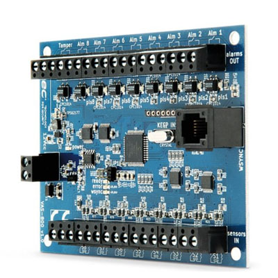 Scheda di analisi a 8 ingressi / 8 uscite allarme  1 uscita tamper per sensori </br>inerziali passivi, porta WSYNC</br>