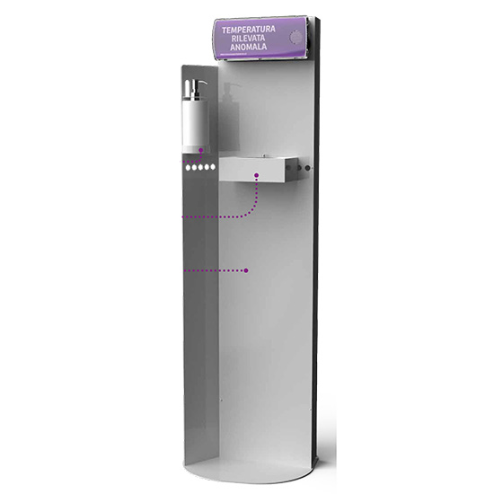 Espositore in metallo verniciato con portagel, pannello di cablaggio con </br>alimentatore 1,5 A e cavo intestato 220V da 5mt. Il nuovo espositore, consente </br>di dotare qualsiasi punto vendita, azienda o esercizio in genere, di soluzioni </br>efficienti per il rispetto delle norme Covid-19 senza richiedere un massivo </br>intervento in loco. Il prodotto può essere presentato pronto all'uso" completo </br>del prodotto DPA scelto a seconda delle esigenze. Per avere una soluzione più </br>completa, sarà possibile integrare l'installazione del segnalatore ottico LED 19</br> per dare segnalazioni aggiuntive o ausiliarie ai dispositivi ottico-acustici.</br>