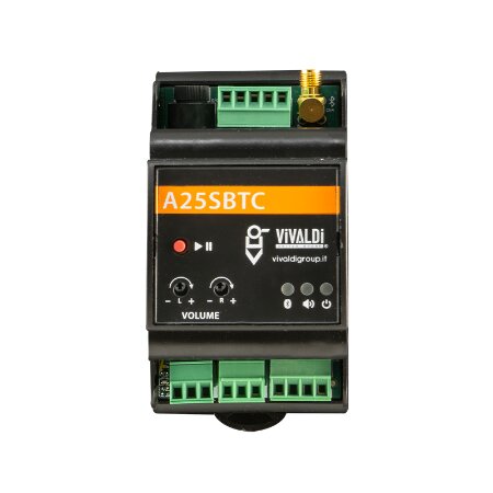 Amplificatore di potenza 2525W RMS, stereo, con ingresso audio analogico e </br>sorgente Bluetooth integrata.</br>Fornito con PIN standard o personalizzato (codice PIN programmato in fabbrica: </br>nome max 30 caratteri, password max 4 numeri) da comunicare in fase d'ordine.</br>Funzione mono/stereo selezionabile da DIP switch.</br>Selezione modalità controllo volume da DIP switch. Volume interno (trimmer) o </br>potenziometri esterni (mono Vivaldi Giove TVM, stereo Vivaldi Giove TVS).</br>La sorgente bluetooth integrata ha priorità sul segnale proveniente </br>dall'ingresso.</br>Regolazione sensibilità rilevatore audio integrato.</br>LED DI STATO:</br>blu: bluetooth attivo</br>verde: presenza di segnale musicale</br>rosso: accensione</br>PULSANTI: play, pausa</br>DATI TECNICI:</br>1x morsetto Ingresso audio locale (stereo) e alimentazione 24Vdc.</br>1x morsetto connessione speaker 25W  4-8Ohm per canale (impedenza minima </br>4O/canale).</br>2x morsetti connessione potenziometro remoto esterno.</br>1x connettore SMA per antenna bluetooth esterne (se installato non in stanza, ma</br> in un vano tecnico).</br>Controllo di sensibilità ingresso a seconda del tipo di sorgente esterna.</br>Alimentazione tramite Vivaldi Giove AL3B (non in dotazione).</br>Corrente 1,2A.</br>Dimensioni (LxHxP) 54x90x63 mm (3 Moduli).</br>Peso 0.10 Kg.</br></br>