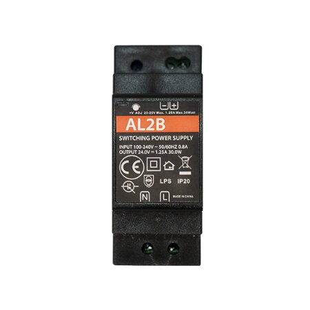 Alimentatore da barra DIN (2 moduli)</br>Input 100-240 Vac 50-60Hz 0,80A</br>Output 24 Vdc 1,25A</br>Colore nero</br>Dimensioni 34x57x90 mm (LxHxP)</br>Peso 0,18 Kg.</br>